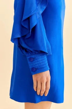  BRIGHT BLUE BACKLESS RUFFLE SLEEVE MINI DRESS