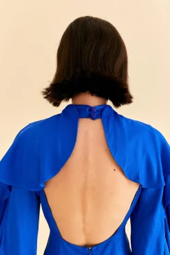  BRIGHT BLUE BACKLESS RUFFLE SLEEVE MINI DRESS