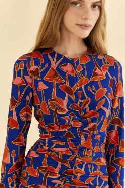  BRIGHT BLUE MUSHROOM SKETCH LENZING™ ECOVERO™ VISCOSE MIDI DRESS