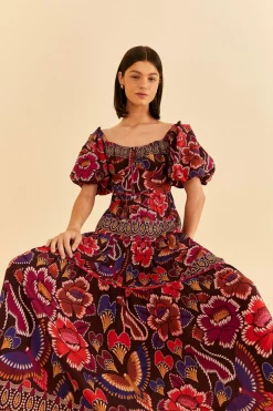 BROWN BRIGHT FLORA SHORT SLEEVE MIDI DRESS