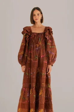  BROWN DOTTED HORSES MAXI DRESS