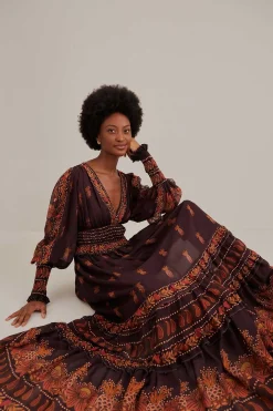  BROWN PAISLEY BLOOM LONG SLEEVE MAXI DRESS