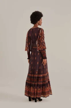  BROWN PAISLEY BLOOM LONG SLEEVE MAXI DRESS