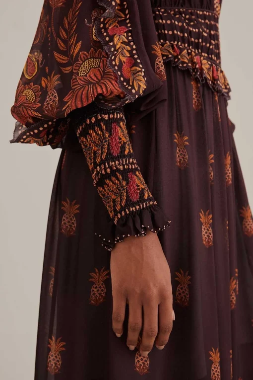  BROWN PAISLEY BLOOM LONG SLEEVE MAXI DRESS