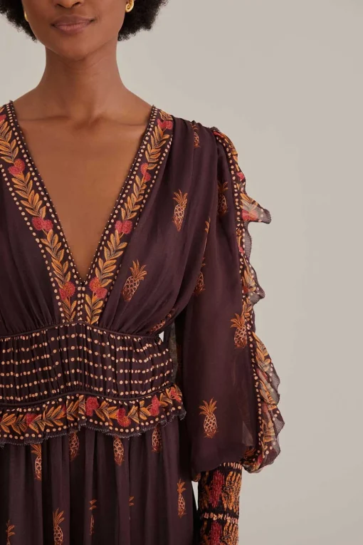  BROWN PAISLEY BLOOM LONG SLEEVE MAXI DRESS