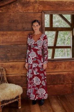  BURGUNDY PINEAPPLE INSPIRATION V NECK MAXI DRESS