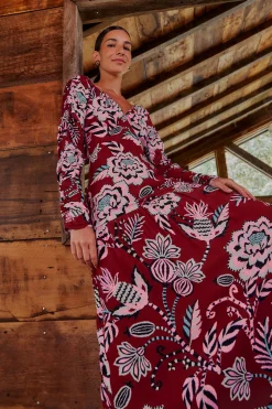  BURGUNDY PINEAPPLE INSPIRATION V NECK MAXI DRESS