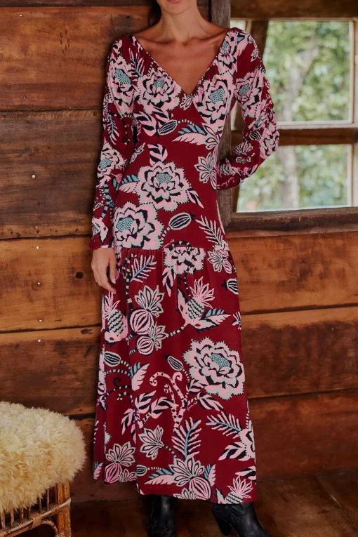  BURGUNDY PINEAPPLE INSPIRATION V NECK MAXI DRESS