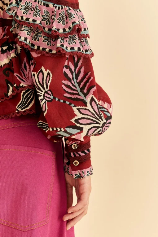  BURGUNDY PINEAPPLE INSPIRATION RUFFLE BLOUSE
