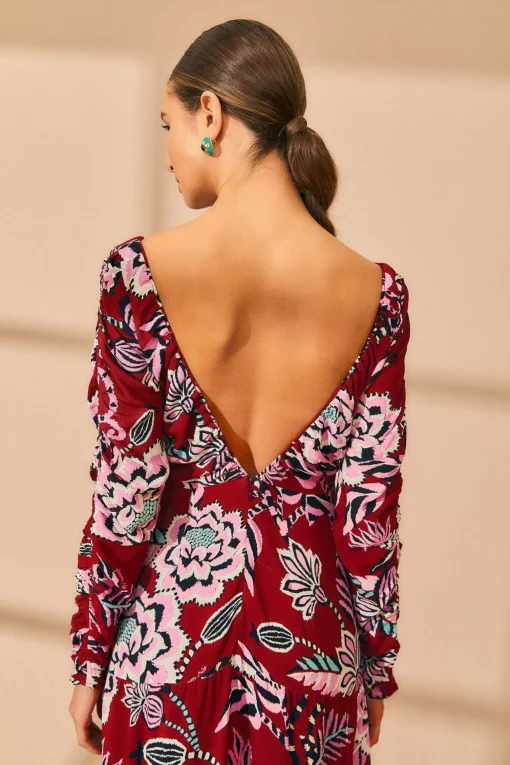  BURGUNDY PINEAPPLE INSPIRATION V NECK MAXI DRESS
