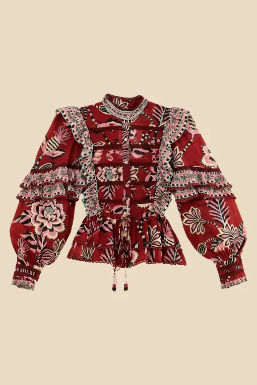  BURGUNDY PINEAPPLE INSPIRATION RUFFLE BLOUSE