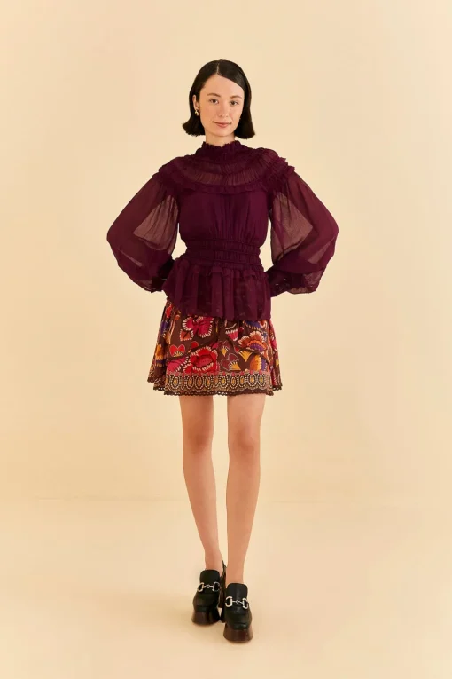  BURGUNDY RUFFLE HIGH NECK BLOUSE