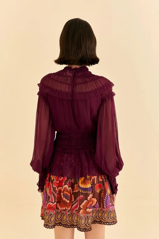  BURGUNDY RUFFLE HIGH NECK BLOUSE