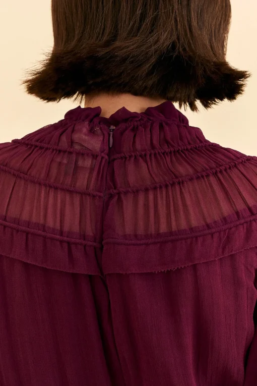  BURGUNDY RUFFLE HIGH NECK BLOUSE