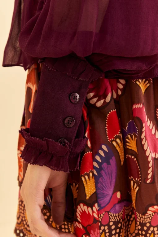  BURGUNDY RUFFLE HIGH NECK BLOUSE