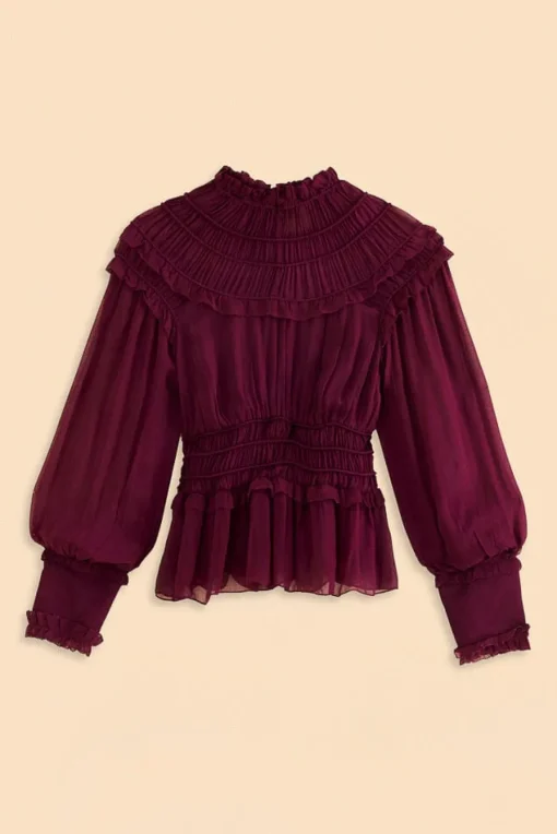  BURGUNDY RUFFLE HIGH NECK BLOUSE