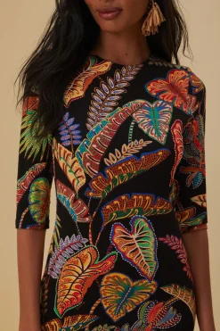  COOL FOLIAGE BLACK JERSEY MIDI DRESS