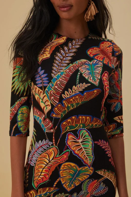  COOL FOLIAGE BLACK JERSEY MIDI DRESS