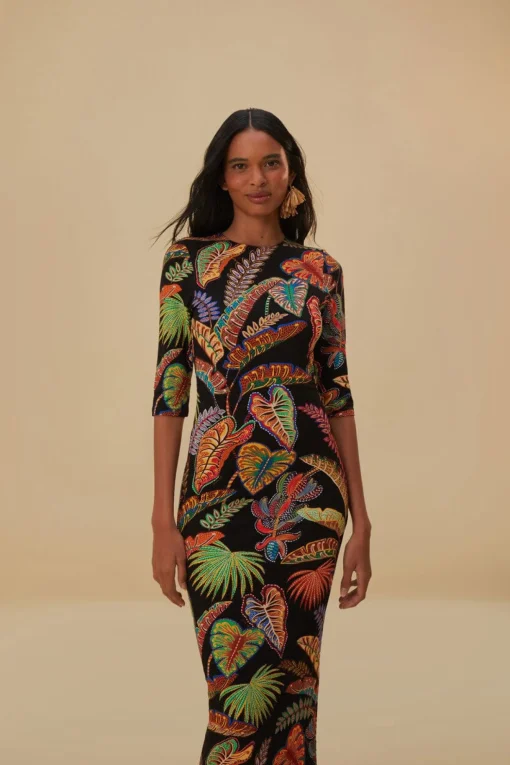 COOL FOLIAGE BLACK JERSEY MIDI DRESS