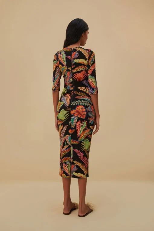  COOL FOLIAGE BLACK JERSEY MIDI DRESS
