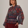  DARK BLUE TROPICAL SHINE V NECK BLOUSE