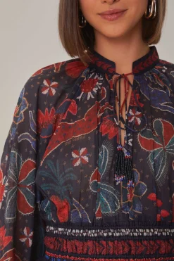  DARK BLUE TROPICAL SHINE V NECK BLOUSE