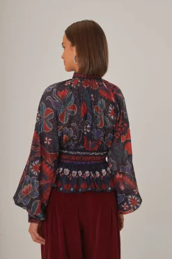  DARK BLUE TROPICAL SHINE V NECK BLOUSE