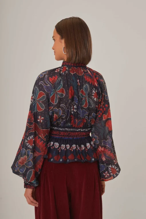  DARK BLUE TROPICAL SHINE V NECK BLOUSE