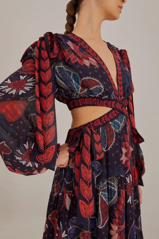  DARK BLUE TROPICAL SHINE CUT OUT MAXI DRESS