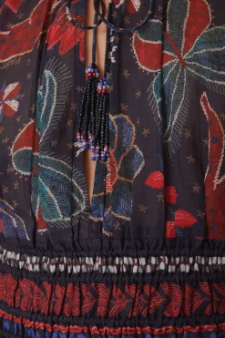  DARK BLUE TROPICAL SHINE V NECK BLOUSE