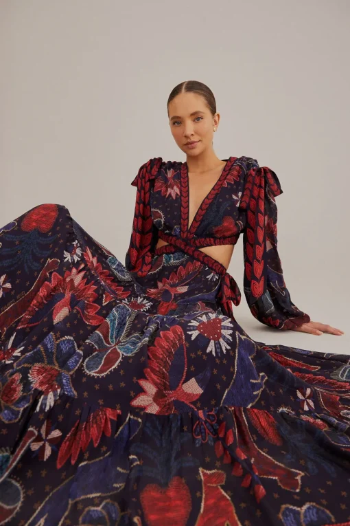  DARK BLUE TROPICAL SHINE CUT OUT MAXI DRESS