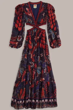  DARK BLUE TROPICAL SHINE CUT OUT MAXI DRESS