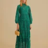  DARK GREEN GUIPURE LONG SLEEVE MAXI DRESS