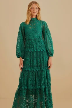  DARK GREEN GUIPURE LONG SLEEVE MAXI DRESS
