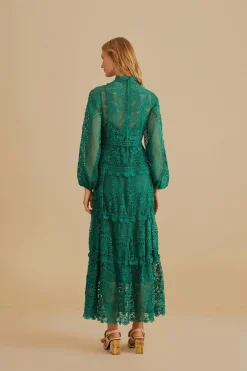  DARK GREEN GUIPURE LONG SLEEVE MAXI DRESS