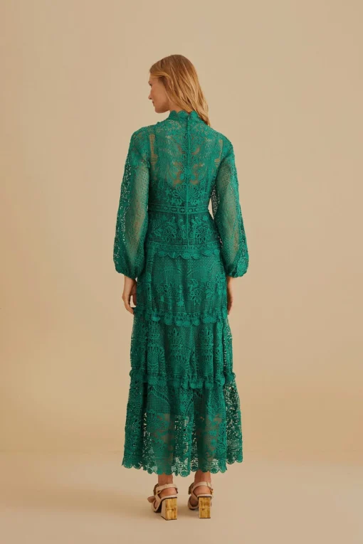  DARK GREEN GUIPURE LONG SLEEVE MAXI DRESS
