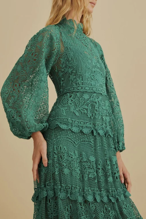  DARK GREEN GUIPURE LONG SLEEVE MAXI DRESS