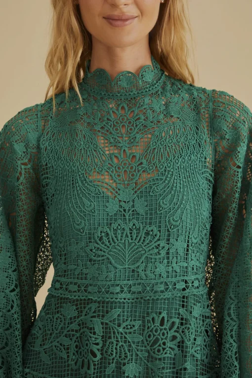  DARK GREEN GUIPURE LONG SLEEVE MAXI DRESS