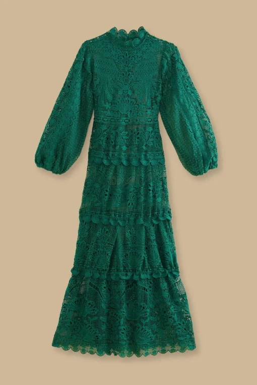  DARK GREEN GUIPURE LONG SLEEVE MAXI DRESS