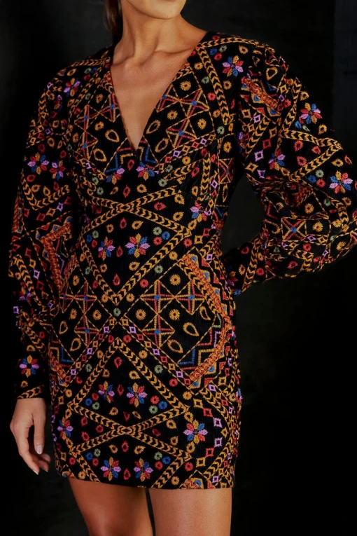  EMBROIDERED CORDUROY PUFF SLEEVE MINI DRESS