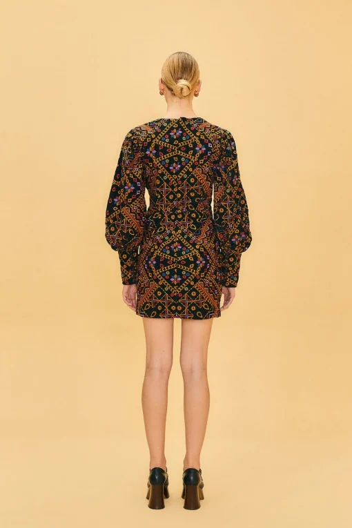  EMBROIDERED CORDUROY PUFF SLEEVE MINI DRESS