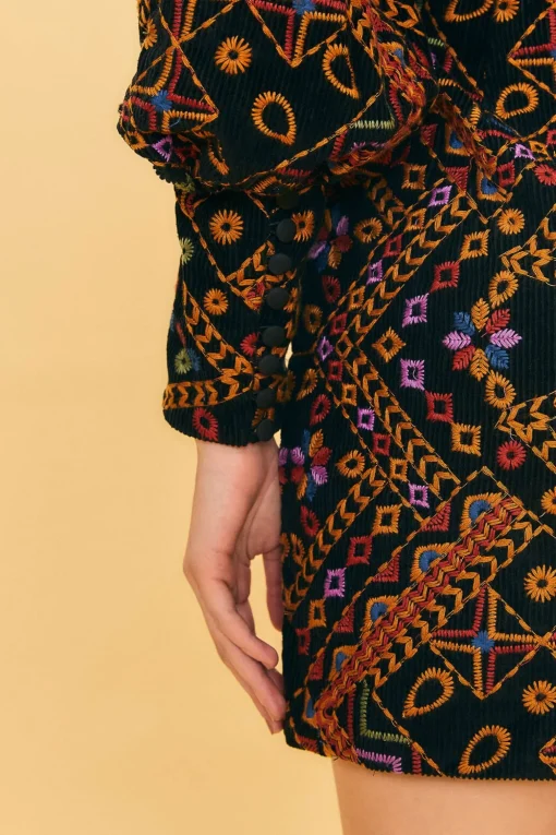  EMBROIDERED CORDUROY PUFF SLEEVE MINI DRESS
