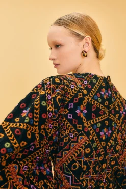  EMBROIDERED CORDUROY PUFF SLEEVE MINI DRESS