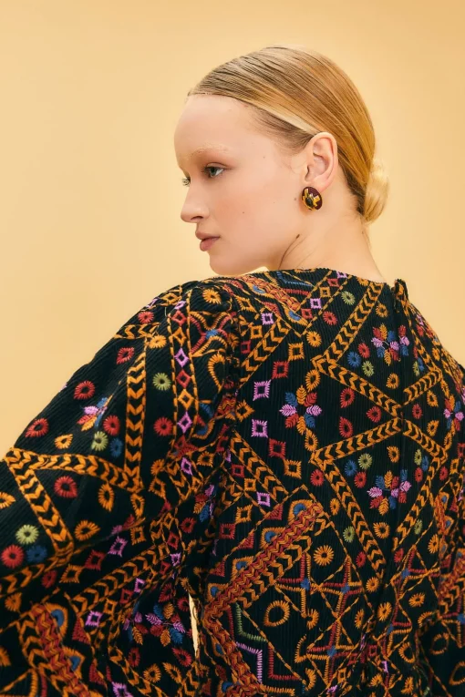  EMBROIDERED CORDUROY PUFF SLEEVE MINI DRESS