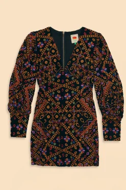  EMBROIDERED CORDUROY PUFF SLEEVE MINI DRESS