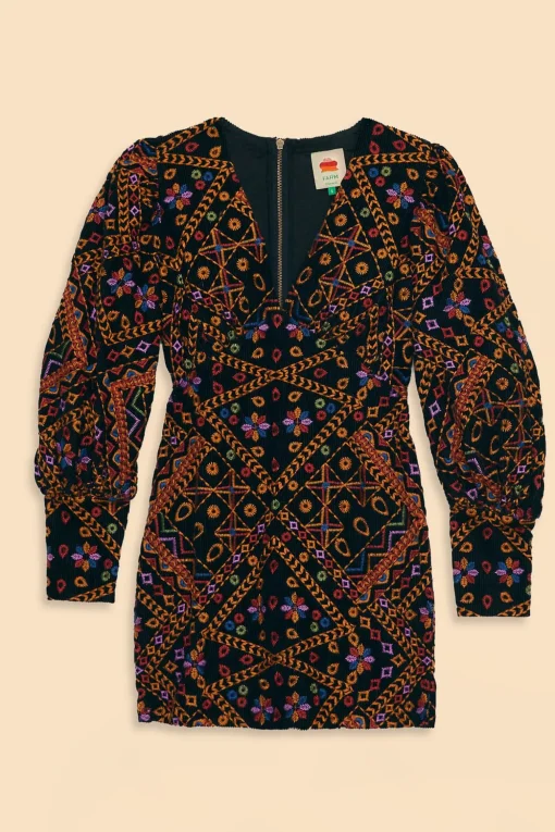  EMBROIDERED CORDUROY PUFF SLEEVE MINI DRESS