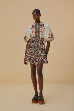  FLOWER FAN TAPESTRY OFF-WHITE MINI DRESS