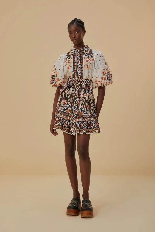  FLOWER FAN TAPESTRY OFF-WHITE MINI DRESS