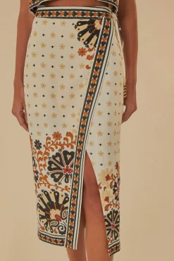  FLOWER FAN TAPESTRY OFF-WHITE WRAP MIDI SKIRT