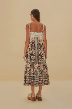  FLOWER FAN TAPESTRY OFF-WHITE MIDI DRESS